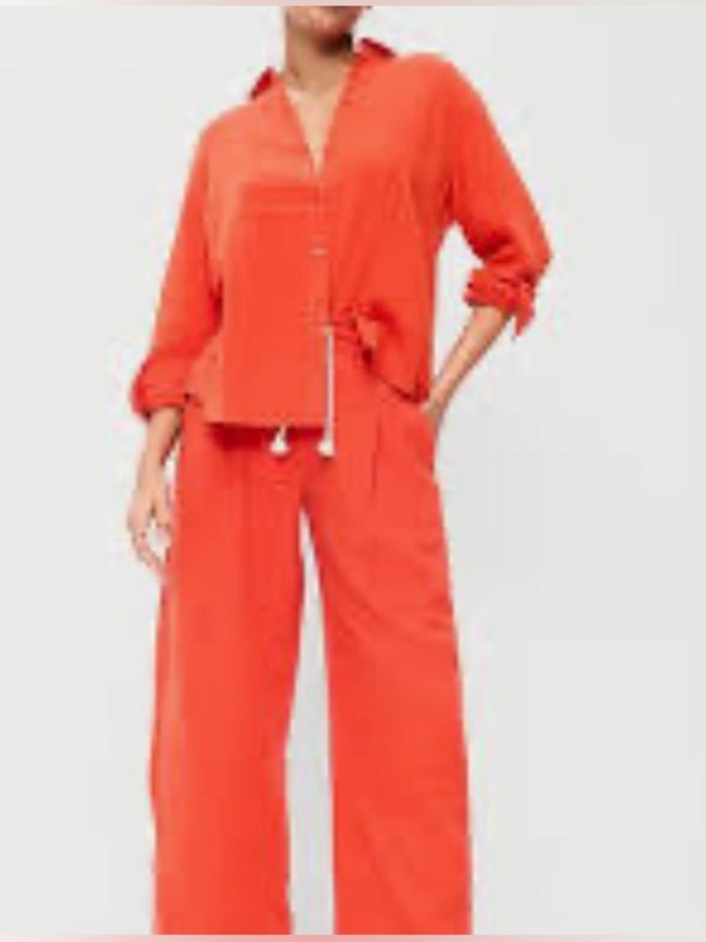Wide-Leg Drawstring Pants Set in Orangish/Coral